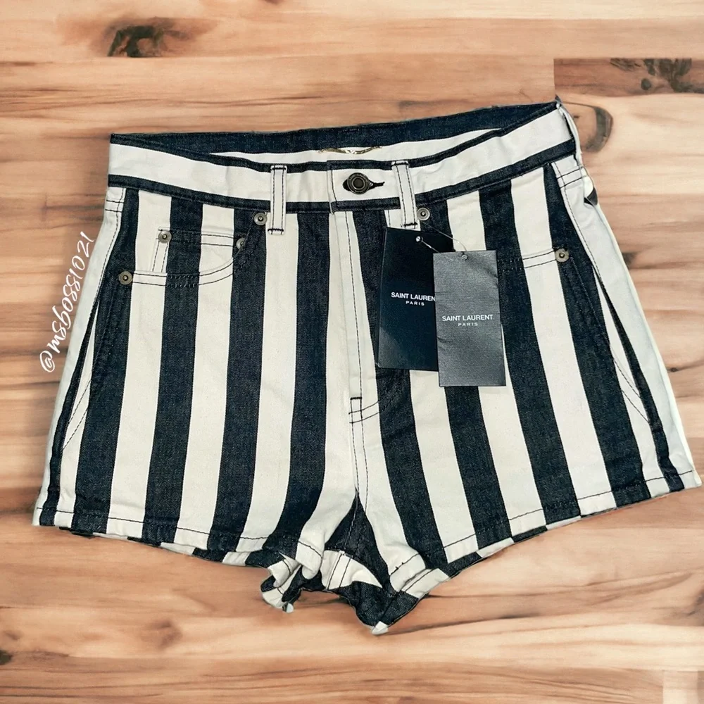 SAINT LAURENT Striped Jean Shorts in Navy/Cream/Off White NWT - Picture 1 of 11